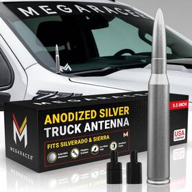 Mr-an-bul-adsilver-m7 Mega Racer Anodized Silver 50 Cal Bullet Antenna For Chevy Silverado And Gmc Sierra 1500