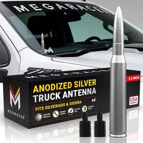 Mr-an-bul-silver-m7 Mega Racer Anodized Silver 50 Cal Bullet Antenna For Chevy Silverado And Gmc Sierra 1500 2